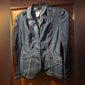 Y2K Bass Jeans Dark Blue Jean Jacket with Tan Stitching